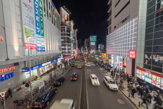 Tokyo Shinjuku Station. Evening Long Exposure Street Photo. Blurry Traffic. Japan