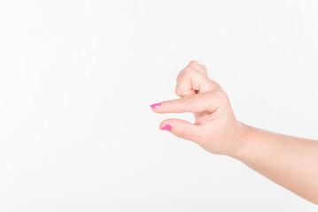 Woman Hand with Polish Fingers on White Background. Shows and Empty Space for Small Piece of Item.