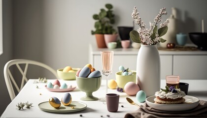 easter cookies on white table, and aesthetic living room background, Generative AI