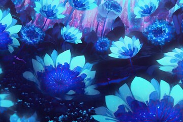 Fototapeta na wymiar Fantasy glowing blue flowers background. Generative AI illustration