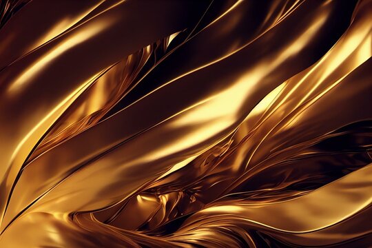 Golden Airflow, Fabric-like Soft Metal Abstract, Dramatic, Modern, Luxurious And Exclusive 3D Rendering Graphic Design Elements Backgrounds Material. Generative AI