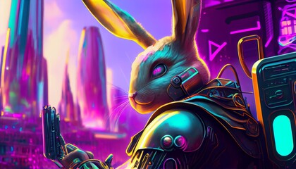 Cyberpunk bunny character in futuristic neon light city background wearing VR glasses. Futuristic city scene. 80's wallpaper. Retro future 3D illustration. Generative Ai