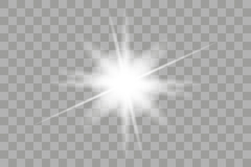 Shining sun glare rays, lens flare sun. Vector illustration png effect. Sunlight glowing white beam sunrays sky background.	