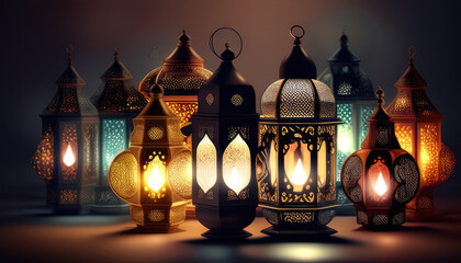 ramadan Kareem background illustration. Ramadan Kareem background with mosque and lanterns. generative Ai