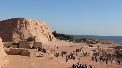 An ancient temple complex, cut into a solid rock cliff, Abu Simbel, Egypt