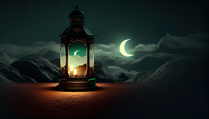 arabic lantern of ramadan celebration background illustration. copy space area background. Generative AI