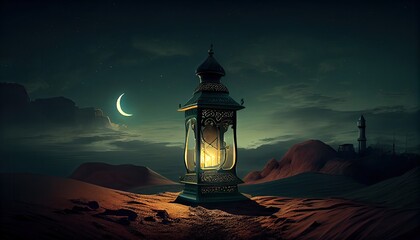 arabic lantern of ramadan celebration background illustration. copy space area background. Generative AI - obrazy, fototapety, plakaty