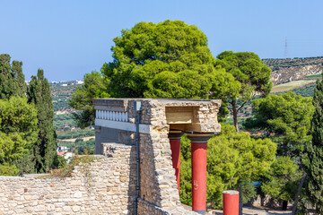 Partial view of the Minoan Palace of Knossos near Heraklion city, Crete island, Greece. Knossos was the palace of the legendary King Minos (or Minoas) in ancient Crete. 
