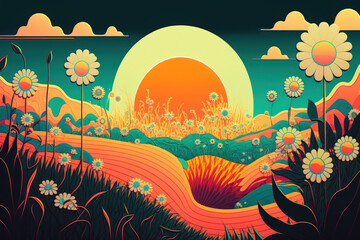 Fototapeta na wymiar Abstract retro psychedelic fancy landscape with vibrant color fields, daisy flowers and sun