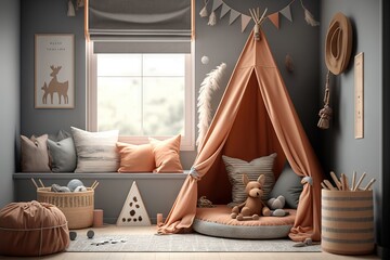 Interior of a modern children's room in Scandinavian style and pastel colors