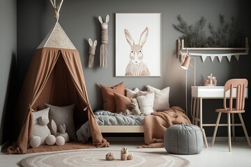 Interior of a modern children's room in Scandinavian style and pastel colors - obrazy, fototapety, plakaty
