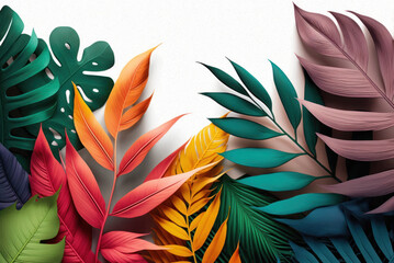Tropical leaf colorful color on copy space  white background. Generative ai.