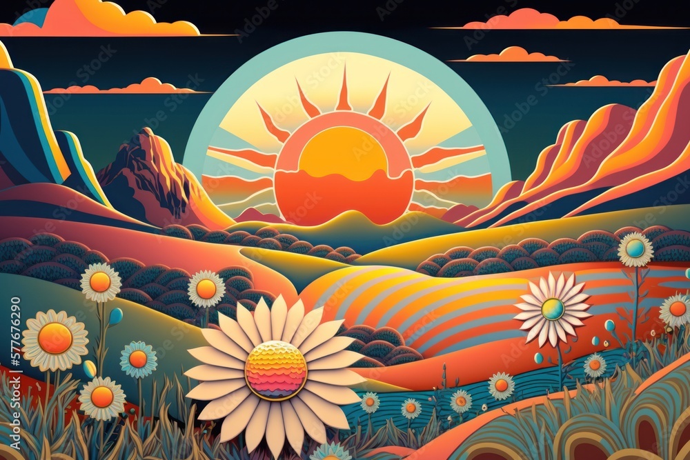 Wall mural Abstract retro psychedelic fancy landscape with vibrant color fields, daisy flowers and sun .Generative ai.