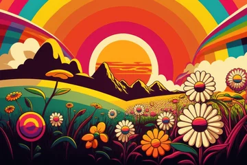 Peel and stick wall murals Brick Abstract retro psychedelic fancy landscape with vibrant color fields, daisy flowers and sun .Generative ai.