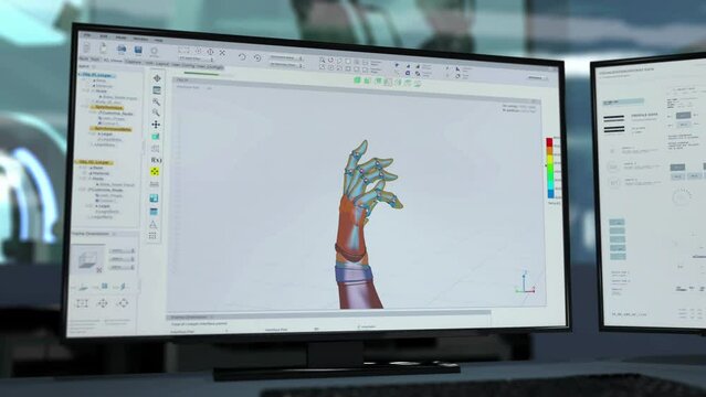 Manufacturing robotic arms using modern computer software. Manufacturing robotic arm prosthesis inside the futuristic system. Manufacturing functional robotic arm. Cyber limb creation. Engineering.