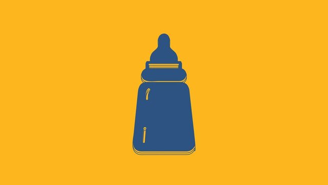 Blue Baby bottle icon isolated on orange background. Feeding bottle icon. Milk bottle sign. 4K Video motion graphic animation