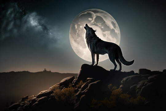 A wolf howling at the moon with the milky way in the background. Image created by artificial intelligence AI.