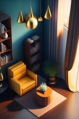 Detailed isometric living room render, unreal engine voxel render, video games, very cozy, nostalgia, boy in room in front of tv, c4d render