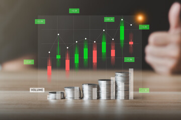 Stock market trading, finance, investment concept. Businessman or investor analyzing candlestick chart of stock market index with upward trend and high buying and selling volume.
