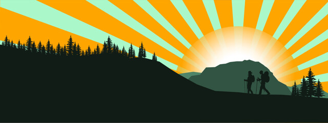 Silhouette of hiker hiking man and woman in the mountains landscape panorama background, with cross and sunrise sunset sunbeams, illustration icon vector for logo hiking adventure