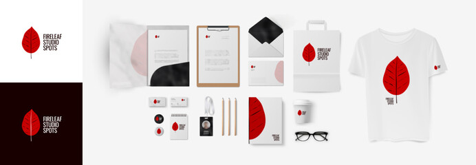 Corporate identity template of the company with a red logo in the form of a tree leaf. Modern bright design, editable elements, ready-to-print files.