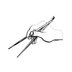 Hand drawn doodle chopsticks in hand. Asian food sketch illustration