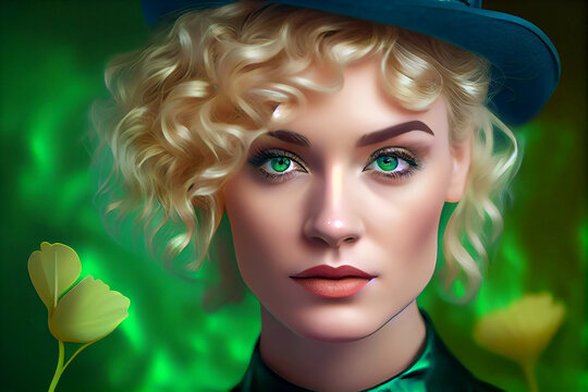 Beautiful irish woman with leprechaun hat over green St. Patrick's day background. Generative ai