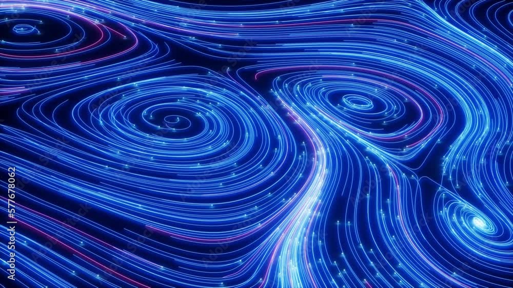 Aufkleber flowing lines and glowing particles, neon lines video, 3d rendering.