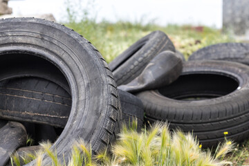  used car tires pile in the tire repair shop yard