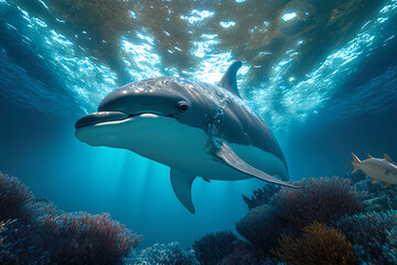 Dolphin swims underwater in the sea. Generative AI