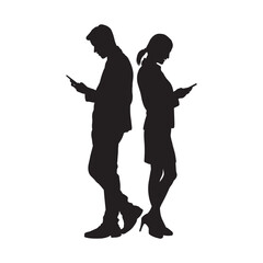 Man and woman standing back to back and using smartphones silhouette on white background.