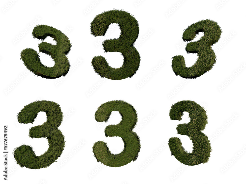 Poster 3d rendering number 3 made of grass in different positions