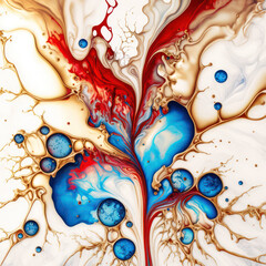 Generative AI illustration of colorful alcohol ink spill abstract background on cream marble base