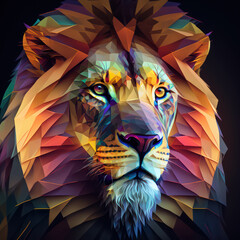 Generative AI illustration of beautiful abstract phantasmal irridescent polygonal image of lion portrait with glowing intricate details