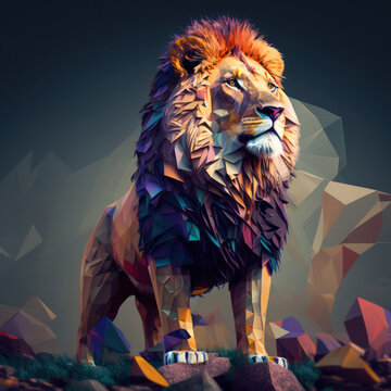 Generative AI illustration of beautiful abstract phantasmal irridescent polygonal image of lion portrait with glowing intricate details