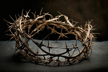 Fototapeta premium Generative AI illustration of symbolic Jesus Christ crown of thorns on vintage wooden background
