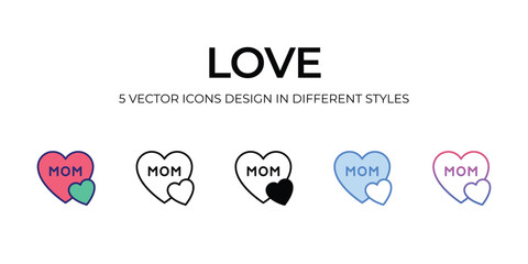 love Icon Design in Five style with Editable Stroke. Line, Solid, Flat Line, Duo Tone Color, and Color Gradient Line. Suitable for Web Page, Mobile App, UI, UX and GUI design.