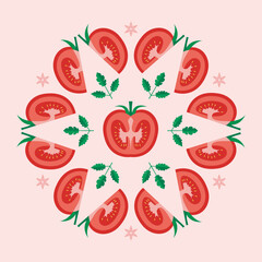 Decorative patterns of cut tomatoes and leaves arranged in a regular, harmonious, circular pattern.