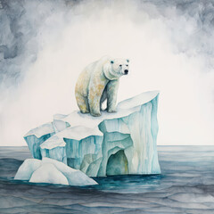 Generative AI illustration of watercolour style image of endangered animal Polar Bear on iceberg - 577680688