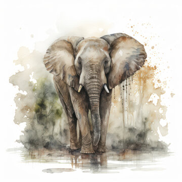 Generative AI illustration of watercolour style image of endangered animal African Elephant in jungle