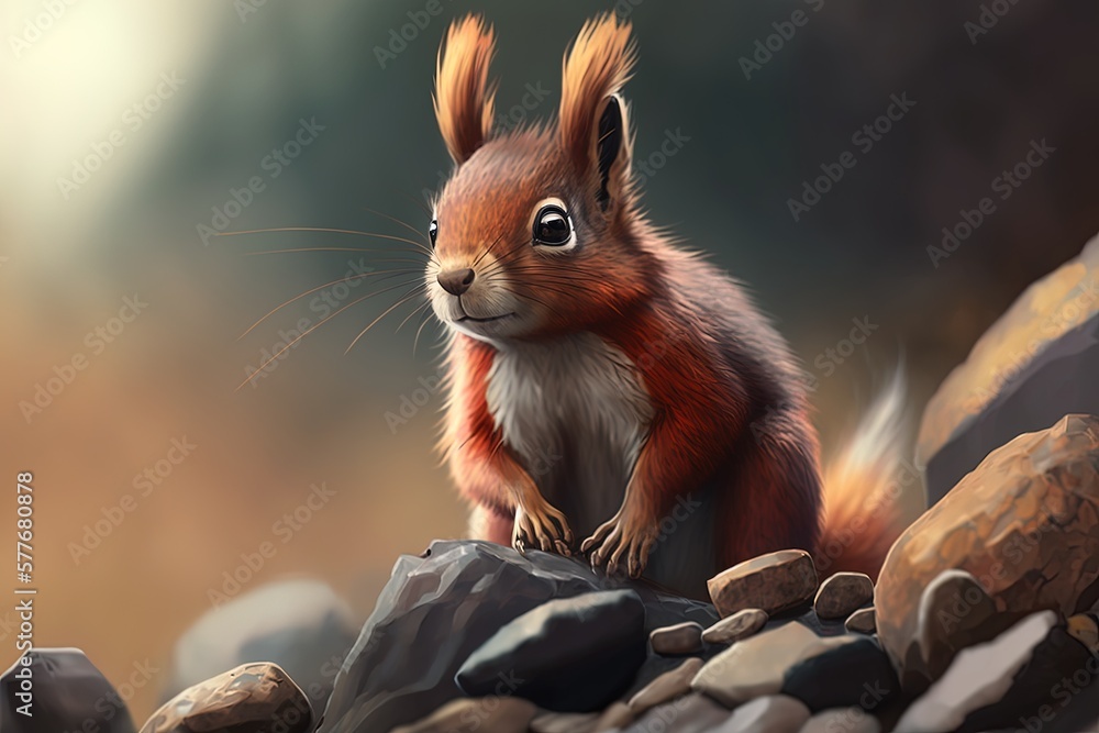Poster A red squirrel is seen up close on some rocks with a hazy backdrop. Generative AI