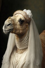  Camel dressed up in wedding dress. Generative AI - 577681081