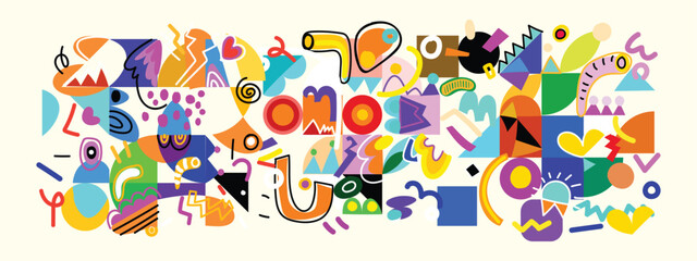 Wall art colorful abstract art background. Design doodles, various shapes and line modern hand drawn vector illustration. © Suryadi