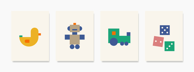 Wall art with child nuances about robot toys, ducks, trains, and dice can give the impression of being cheerful, fun, and adventurous. This painting can be perfect for decorating a playroom.