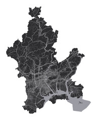 Okayama map. Detailed black map of Okayama city poster with roads. Cityscape urban vector. Black land with white roads and avenues.