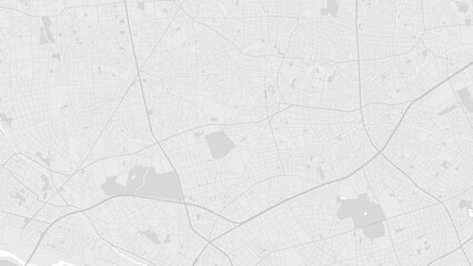 White and light grey Setagaya city area vector background map, roads and water illustration. Widescreen proportion, digital flat design.