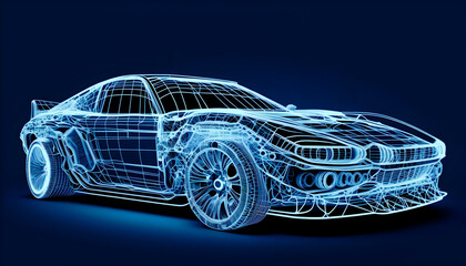 Naklejka premium Frontside Futuristic AR car wireframe concept, generative ai, Augmented reality wireframe of car concept with blue background 