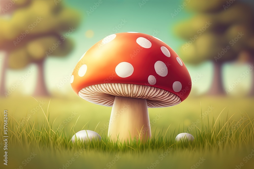 Poster a midday closeup of a mushroom in a field, with a blurred backdrop generative ai