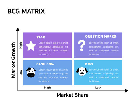 BCG Matrix or Growth Share Matrix. Business infographic design template for analyze current and future competitive. Strategic tool template framework pastel color.
