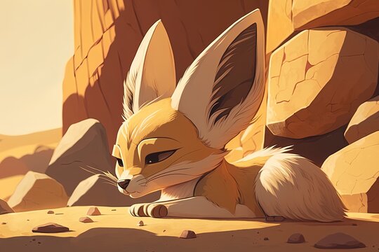 A fennec fox snoozes on a stone in the bright sunlight in this close-up. Generative AI